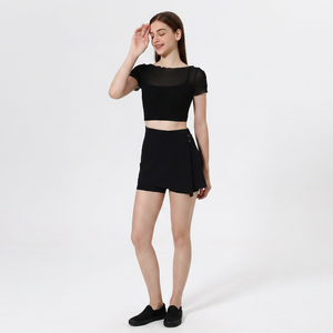 Haut de yoga 2-en-1 en maille à manches courtes pour femme, avec col bateau à volants, transparent, intégré et rembourré, idéal pour la gym et le Pilates - Product Image 5