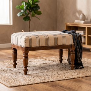 Vintage Striped Rustic Rectangle Wooden Ottoman Stool Upholstered Tabletop <b>Bench</b> for Housewarming Living Room Bedroom - Product Image 2