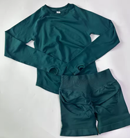Ensemble de yoga 2 pièces pour femmes grandes tailles, uni, sans couture, séchage rapide, haut à manches longues avec découpes, short taille haute, tenue de fitness et d'entraînement