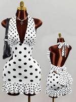 Robe moulante mini à pois pour femme, col halter en V, dos nu, avec nœud et ourlet à volants, idéale pour les soirées et les clubs