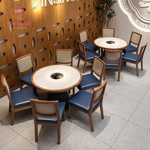 ชุดเฟอร์นิเจอร์ร้านอาหารทันสมัยโต๊ะหินอ่อนทรงสี่เหลี่ยมพร้อมช่องวงกลมกลางและ<span class=keywords><strong>เก้าอี้</strong></span>หวายสีฟ้า - Product Image 4