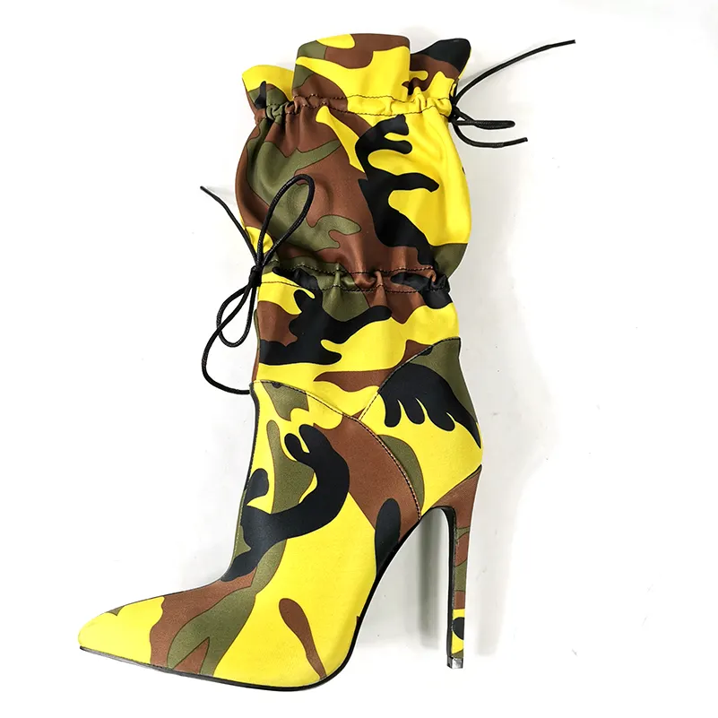 OEM fashionable Camouflage Lycya Stiletto Toggle Ankle Boots Water Proof High Heel Women Booties