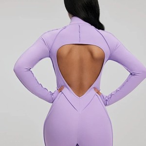 Mono de gimnasio sin costuras para mujer, acanalado, transpirable, con cremallera frontal, <span class=keywords><strong>tirantes</strong></span> finos, manga larga, moldeador, para yoga, de una pieza - Product Image 3