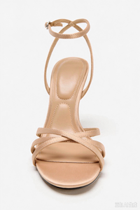 Sandalias de Tacón Alto con Correa de Tobillo de Satén para Mujer, Color Champán, Tacón de Lágrima con Pedrería, Sandalias de Vestir para Fiesta, Logotipo Personalizado - Product Image 3