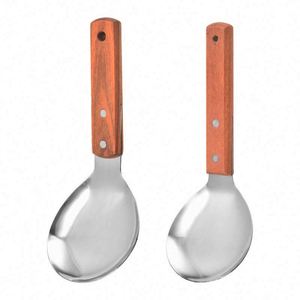 Cuchara de arroz de acero inoxidable con mango de madera, la más vendida en Asia, cuchara de cocina de mango corto para servir sopa y arroz en buffet - Product Image 1