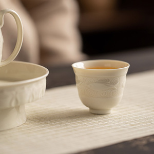 Guanlan Chinese Style Ding Kiln White Ceramic <b>Teacup</b> Fish And Algae Relief Round Porcelain Tea Cup For Home Use Afternoon Tea - Product Image 2