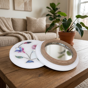 Natural White <b>Marble</b> Handmade Mid Century Modern Lightweight Decorative Small Mirror Semi-Precious Stone Inlay Export Custom - Product Image 2