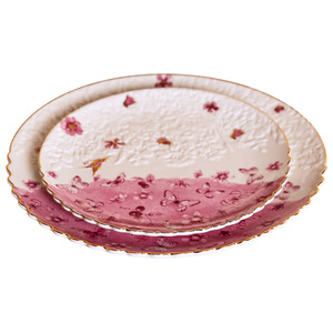 Ensemble d'assiettes rondes en céramique, motif floral rose et papillon, peintes à la main, assiettes plates pour les fêtes et les repas - Product Image 6