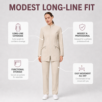 Seragam Medis Muslimah Model Long Line Sederhana Kerah Mandarin Resleting Depan Logo Custom