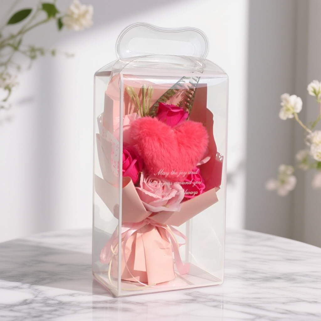 6 roses + peluche coeur pêche rose