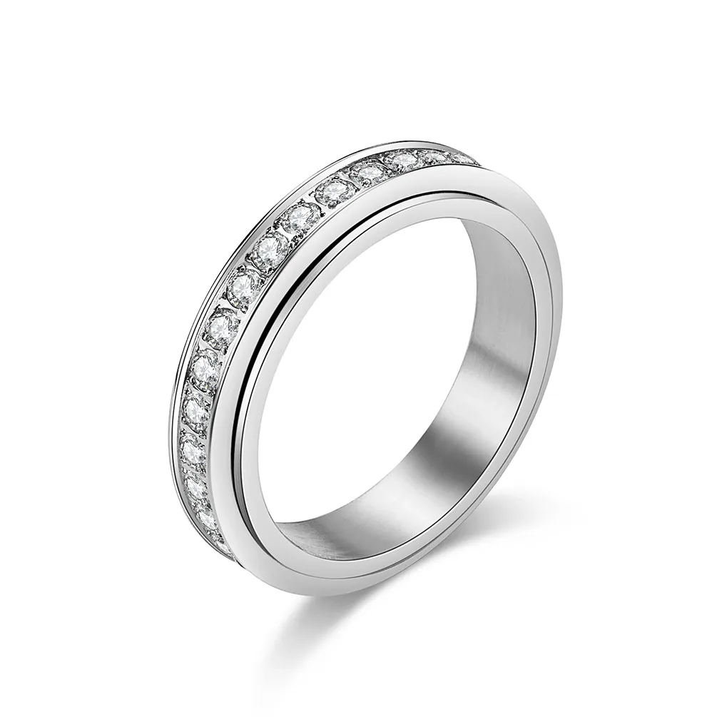 แหวนประดับเซอร์คอน CZ สแตนเลส5มม.,แหวนชุบทอง18K แหวนสปินเนอร์สีดำหมุนได้สำหรับผู้หญิง
