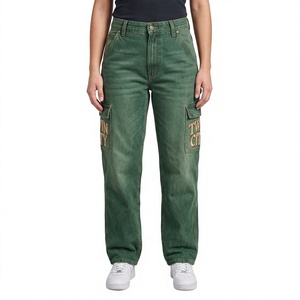 Women's <b>High</b> <b>Waist</b> <b>Cargo</b> Jeans Green Denim Loose Fit Vintage Utility Style Full Length Stonewashed With Letter Pockets - Product Image 1