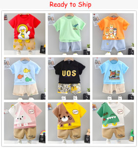 Conjunto de camiseta y pantalones cortos de algodón para niños, conjunto de verano con estampado de dibujos animados, ropa infantil lista para enviar, colores mixtos, estilo aleatorio. - Product Image 1