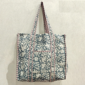 Handmade Cotton Block Print Tote <b>Bag</b> | Quilted Kantha Travel Shoulder <b>Bag</b> for Women with Boho <b>Indian</b> Textile Design - Product Image 1