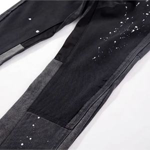 Jeans de Mezclilla para Hombre de Alta Calidad, Estilo Vintage, Paneles en Contraste de Color, Dobladillo Desgastado, Corte Acampanado, Tipo Carpintero - Product Image 5