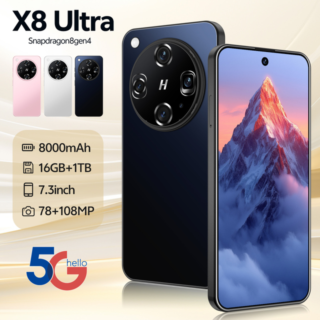 - X8 Ultra 5G Android 15 Smartphone Unlocked Multi-Language Dual SIM 108MP Rear Camera Deca Core HD Display for Gaming