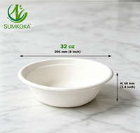Bol à salade rond en bagasse de canne à sucre biodégradable Sumkoka 24oz 32oz, jetable, compatible micro-ondes, qualité alimentaire, avec couvercle