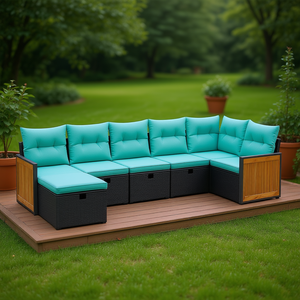 Set di divani da giardino in polyrattan nero da 7 pezzi con cuscini, mobili da giardino, posti a sedere all'aperto - Product Image 2