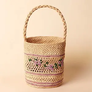 热卖拉菲草织物手工储物篮编织，带手柄草包