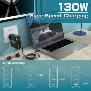 <span class=keywords><strong>Cargador</strong></span> de Pared HYTO 130W USB C GaN con 4 Puertos PD 100W, Estación de Carga de Viaje, Adaptador de Corriente USB-C para MacBook Pro, Air, iPhone 17, Pixel - Product Image 4