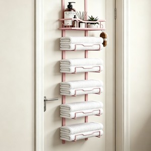 Pink Wrought Iron Wall Mounted Towel Rack 6 Tier Organizer <b>Shelf</b> For Bathroom Door Storage With Multi Purpose No Drill - Product Image 1