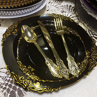 Ensemble de couverts de fête en plastique réutilisable, chargeur de vaisselle, ensemble de couverts en plastique noir et or avec assiette pour mariage