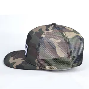 Boné de beisebol de malha camuflada com logotipo personalizado bordado 6 painéis boné de beisebol de aba plana snapback esportivo