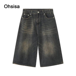 Ohsisa hombres 2025 verano Casual nueva pierna ancha suelta Retro Do Old Horn recortada pantalones vaqueros de punto de cintura media - Product Image 1