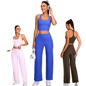 Conjunto Deportivo de 2 Piezas para Mujer, Diseño Sólido, Transpirable, Pantalones con Cintura Elástica y Top con Logotipo Frontal para Entrenamiento y Yoga - Product Image 1