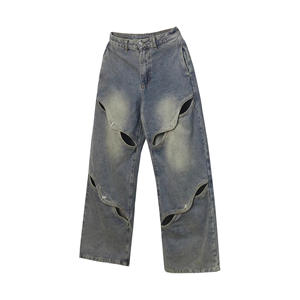 Unique Deconstructed Wide-Leg <b>Jeans</b> for <b>Women</b> American High Street Heavyweight Hollow Out Floor-Length Pants Vintage Design Long - Product Image 5