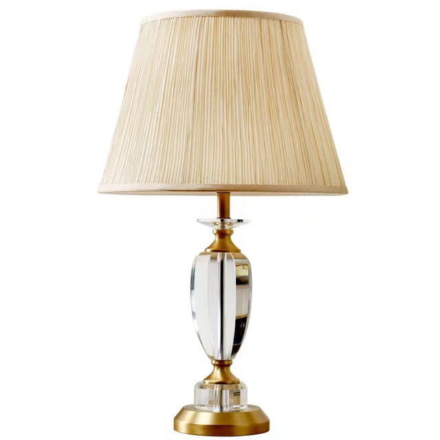 European Crystal Metal Desk Lamp AC Powered Dimmable Fabric Shade Modern Bedroom Bedside Lamp Simple Luxury Living Room Romantic