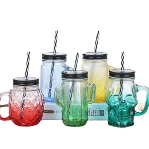 Venta directa de fábrica <span class=keywords><strong>Gallo</strong></span> Gradiente Bebida Taza de agua con tapa Mango de paja Vidrio Mason para té de la leche Calidad Drinkware - Product Image 5