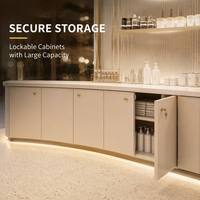 Kiosque de vente au détail de cosmétiques de luxe en forme de cercle, stand d'exposition avec cadre doré, comptoir de réception et armoire de rangement