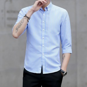 Camisa a Rayas de Manga Tres Cuartos, Estilo Coreano, Elástica, para las Cuatro Estaciones, Ropa Masculina, Informal de Negocios, Cuello Cuadrado, Combinable con Todo - Product Image 1
