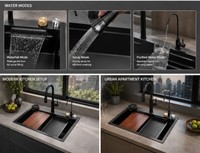 Évier de cuisine professionnel en acier inoxydable noir avec robinet cascade, planche à découper, passoire, lave-tasses et accessoires OEM ODM B2B