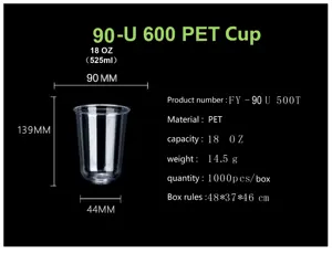 Custom Logo 16oz 20oz 22oz 24oz Clear Print Bubble Tea U-shaped Pet Disposable Plastic Cup With Insert Dome Lid