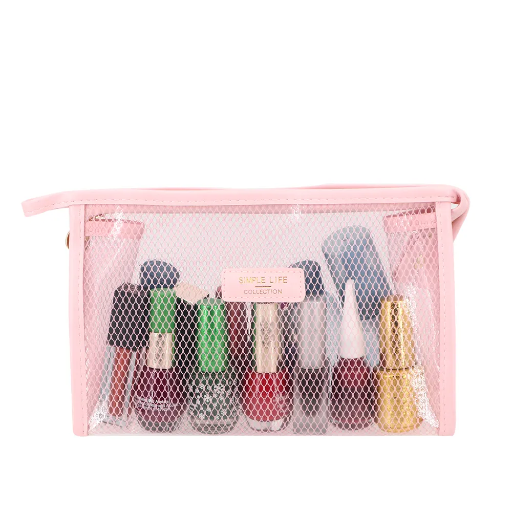 Sac de maquillage rose Transparent en maille EVA, Portable et personnalisé, avec poignée étanche, Logo, pour cosmétique, voyage, pièces
