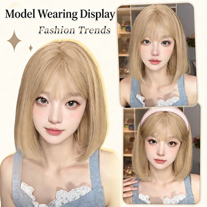 Perruque pour <span class=keywords><strong>femme</strong></span> en fibre synthétique haute température, coupe bob courte blonde ondulée, franges légères, effet naturel, bonnet en maille semi-élastique - Product Image 4