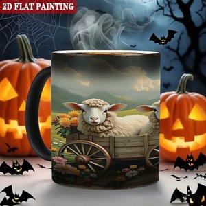 Frosted Black 11oz <b>Ceramic</b> <b>Mug</b> Heat Activated Coffee Cup With Sheep Cart Art Design - Product Image 6