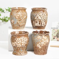 Pot de fleurs en céramique style ancien pour succulentes, design classique, respirant, pour plantes grasses, plateau de support pour plantes vertes de salon et balcon