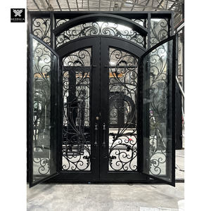 ประตูเหล็กหล่อพร้อมกระจกนิรภัยสำหรับวิลล่า<span class=keywords><strong>บ้าน</strong></span>ประตูเหล็กหล่อฝรั่งเศสแบบโค้งคิ้วสุดหรู - Product Image 2