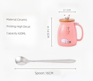 Vendita calda Cat in ceramica tazze da caffè con coperchio di bambù carino con disegno di cartone animato tazza di porcellana per latte caffè promozionale tazza con cucchiaio - Product Image 4
