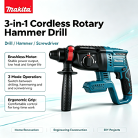 Makita Perceuse à percussion sans fil 3-en-1 multifonctionnelle pour la décoration intérieure, la construction et le bricolage – Outil électrique