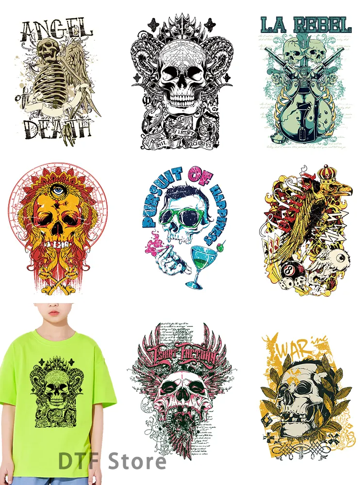 Iron on transfer for clothing Colored Skeleton Death Halloween DTF transfers ready to press Heat Transfer Printing