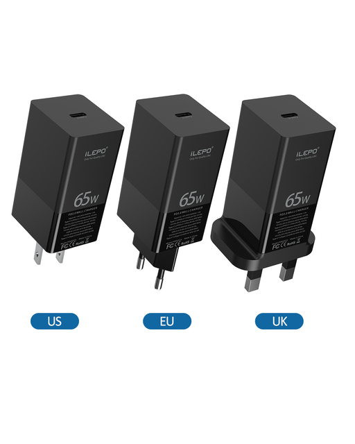 Universal USB-C PD 3.0 QC3.0 65W GAN Fast Charging Wall Adapter for Laptop Mobile Phone & Camera with US/EU/UK Plugs OEM
