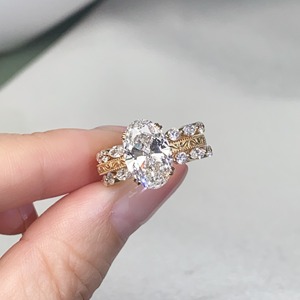 18K Yellow Gold <b>Oval</b> Lab Grown Diamond Bridal Jewelry Set Vintage Filigree <b>Ring</b> And Marquise Diamond Huggie Earrings - Product Image 3