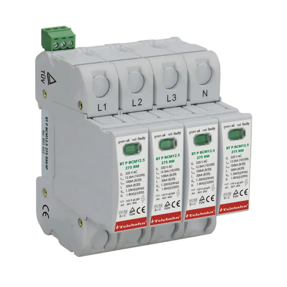 Stromschutzschutz TUV CE CB RoHS 4P 230 V/400 V/320 V Iimp 12.5kA /In30kA/Imax 60kA für 3-Phasen-TT- oder TN-System Wechselstrom-SPD T1+T2