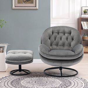 DB Accent <b>Grey</b> <b>Chair</b> with Ottoman Tufted and <b>Reclining</b> Comfortable Minimalist Style for Home Office or Living Room Furniture - Product Image 4