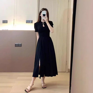 Mới nút xuống Slit ăn mặc phong cách Trung Quốc qipao sườn xám ăn mặc giản dị Ngắn Tay Áo ăn mặc màu đen - Product Image 4