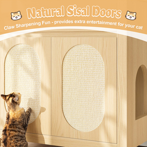Mueble oculto de madera para caja de arena de gatos con puertas rascadoras y cajón de almacenamiento para uso en el baño de los gatos. - Product Image 5